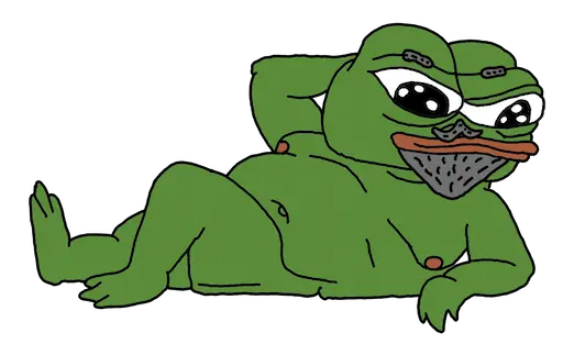 A green frog-like character (Pepe) reclining in a relaxed pose.